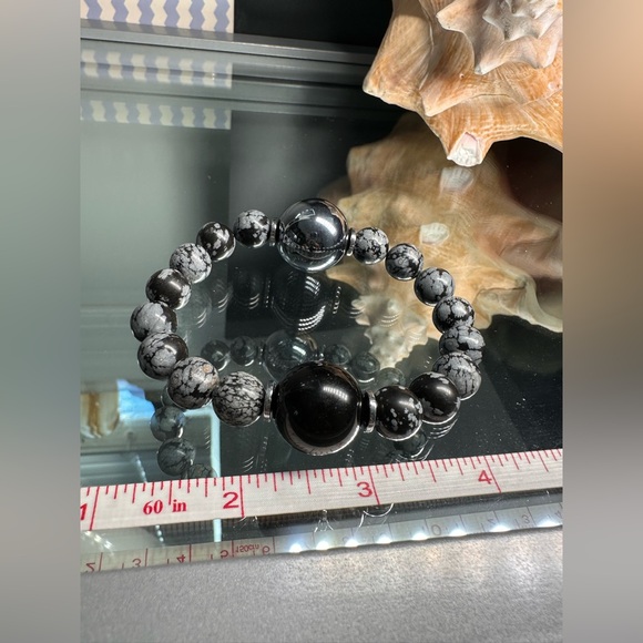 (JOEHANNA) TERAHERTZ + SNOW OBSIDIAN NATURAL STONES  BRACELET size 7” - Picture 9 of 10